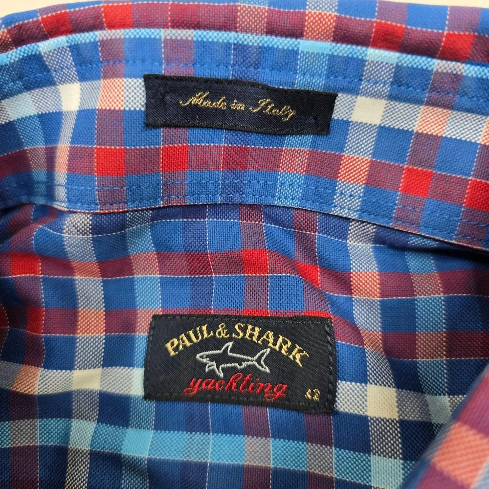 Paul & Shark Yachting Shirt Mens 42 Large Blue Red Plaid Long‎ Sleeve Italy Made